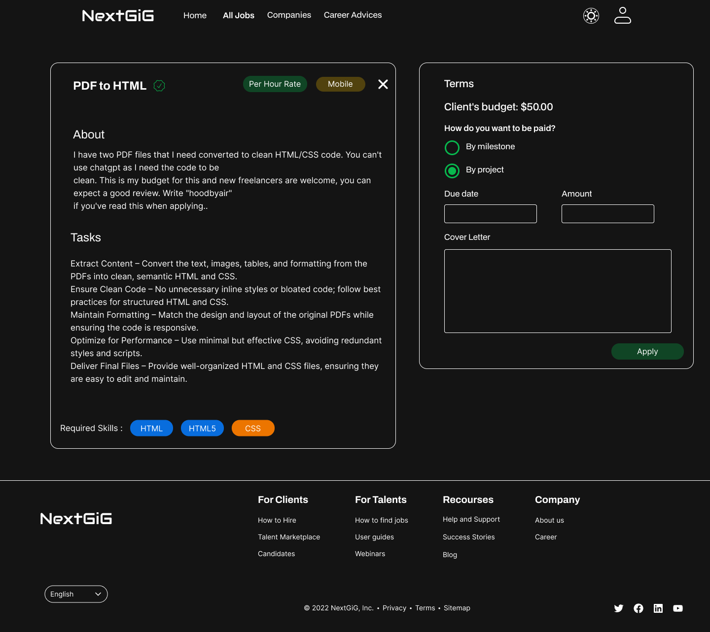 Job listing page