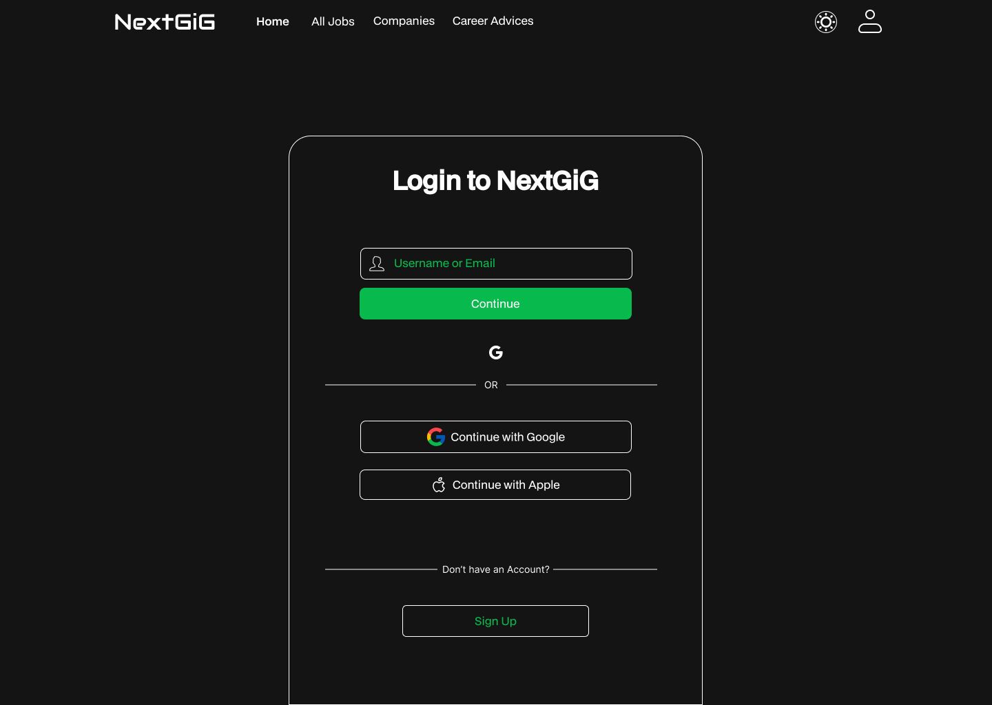 User login screen
