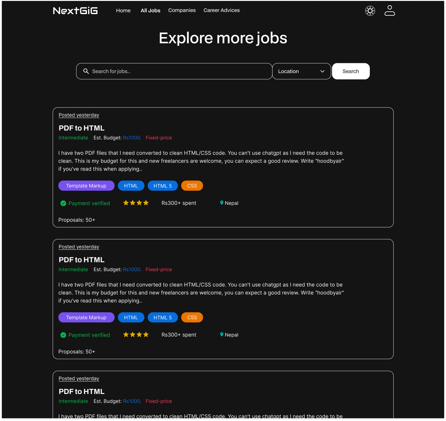 Search and filter section