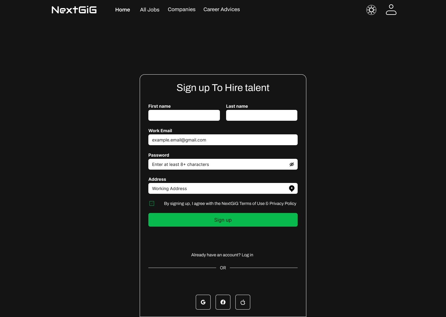 Application and sign up flow